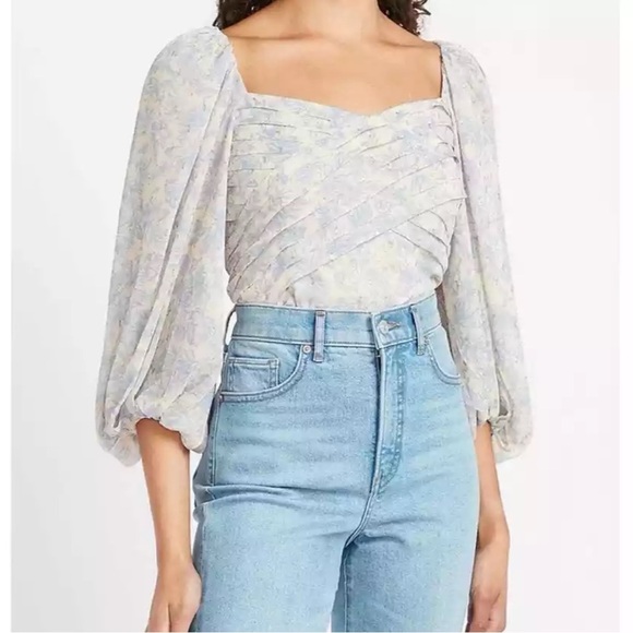Express Womens Size XL Metallic Floral Pleated Blue Ivory Balloon Sleeve Top - Picture 1 of 9